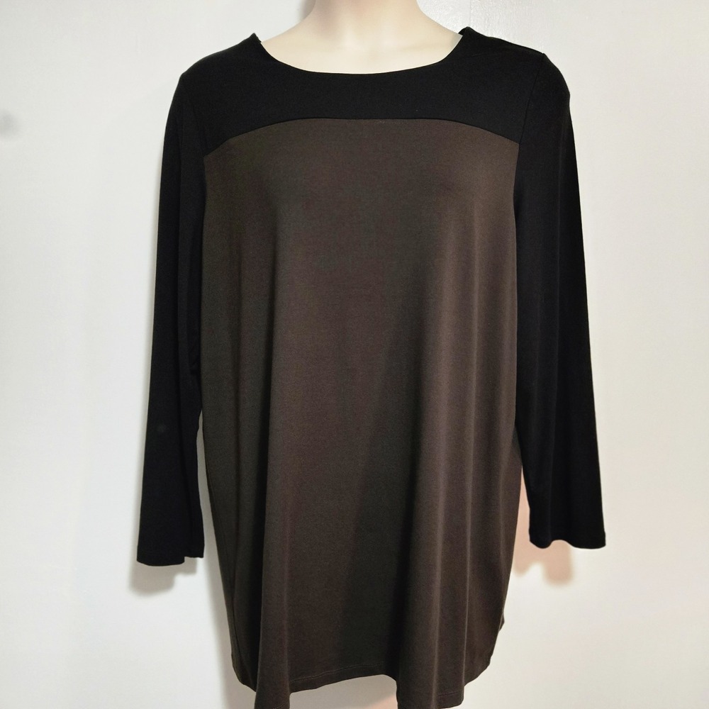 J Jill Sz XL Black Brown Color Block Jersey Knit Dress Tunic Top Minimalist‎